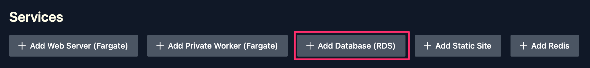 Add Database Button under Services