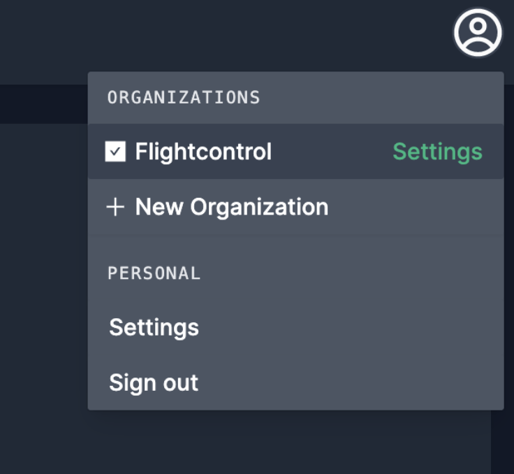 Dashboard drop down menu in right hand corner