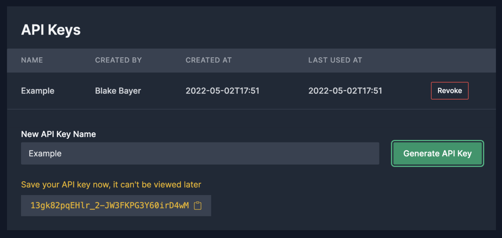 API Keys in the Dashboard, showing a generated key