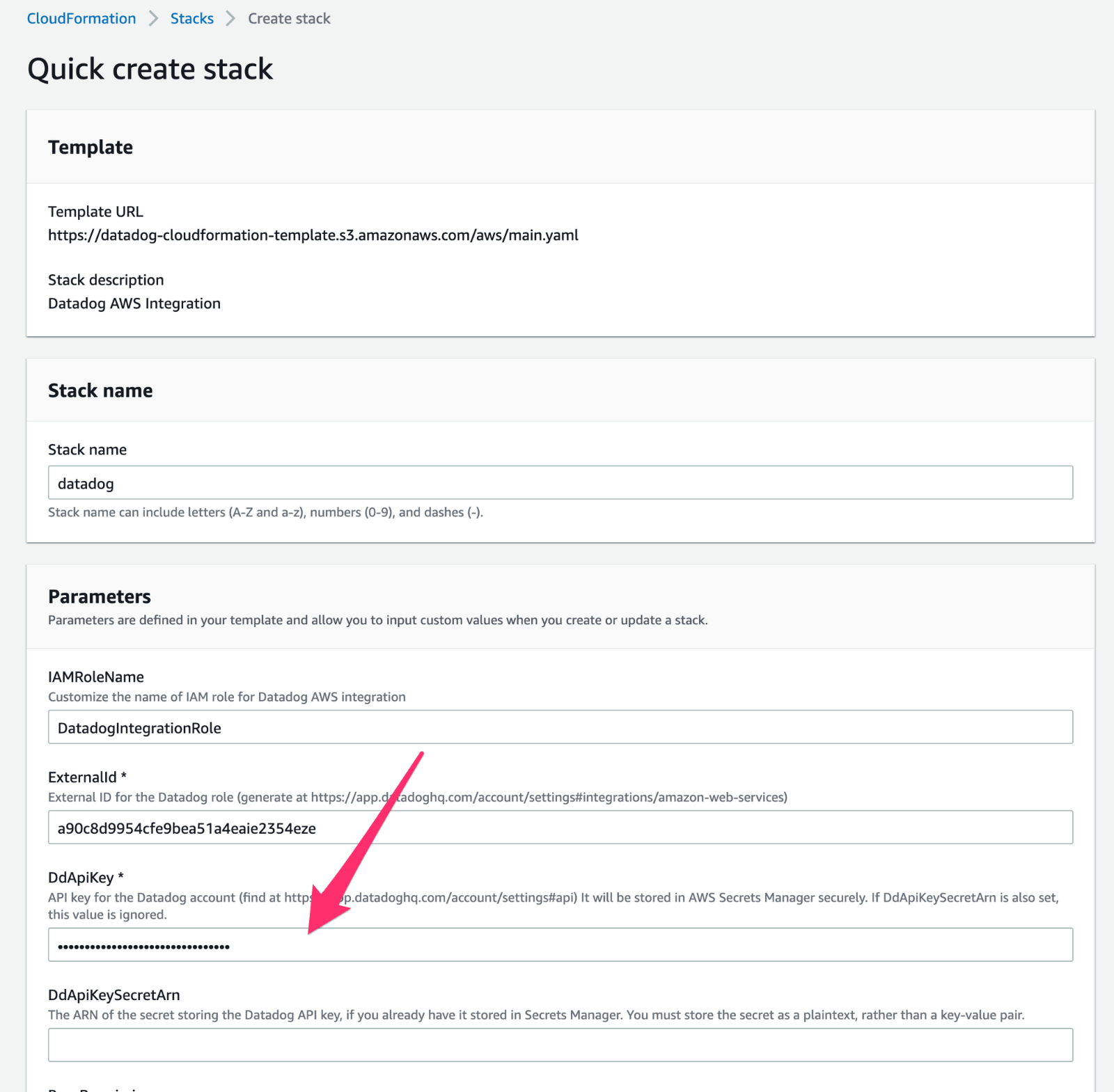 API Key Field on AWS CloudFormation Create Stack screen