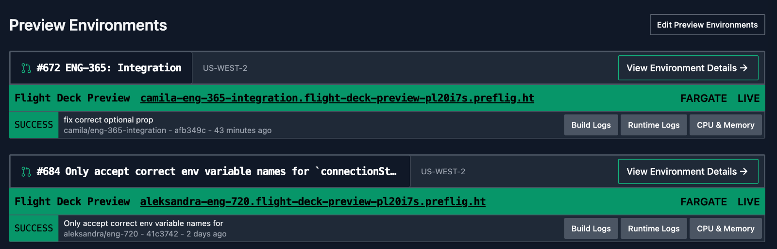 Preview Environments in Dashboard
