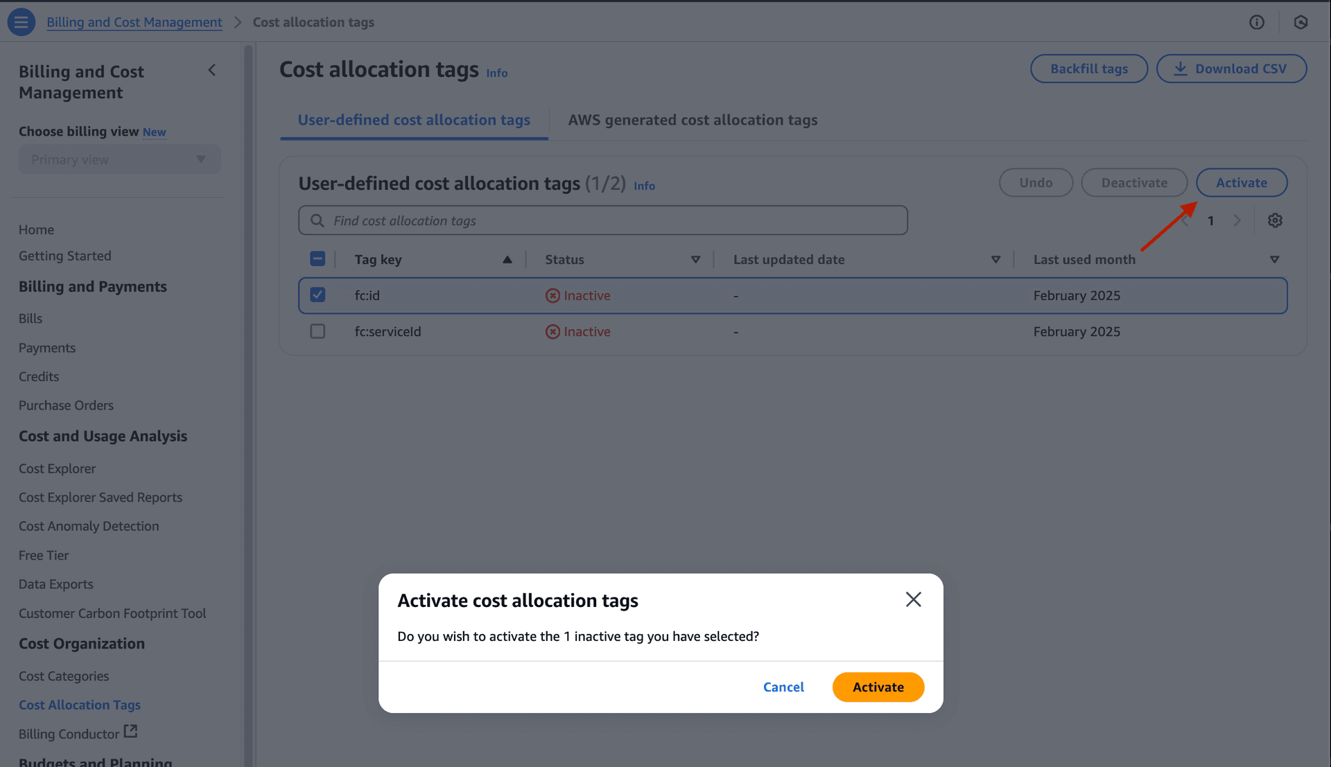 Activating cost allocation tags in AWS Cost Explorer