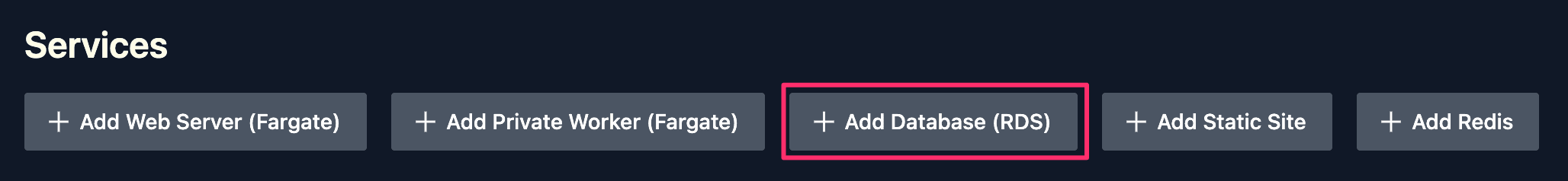 Add Database Button under Services