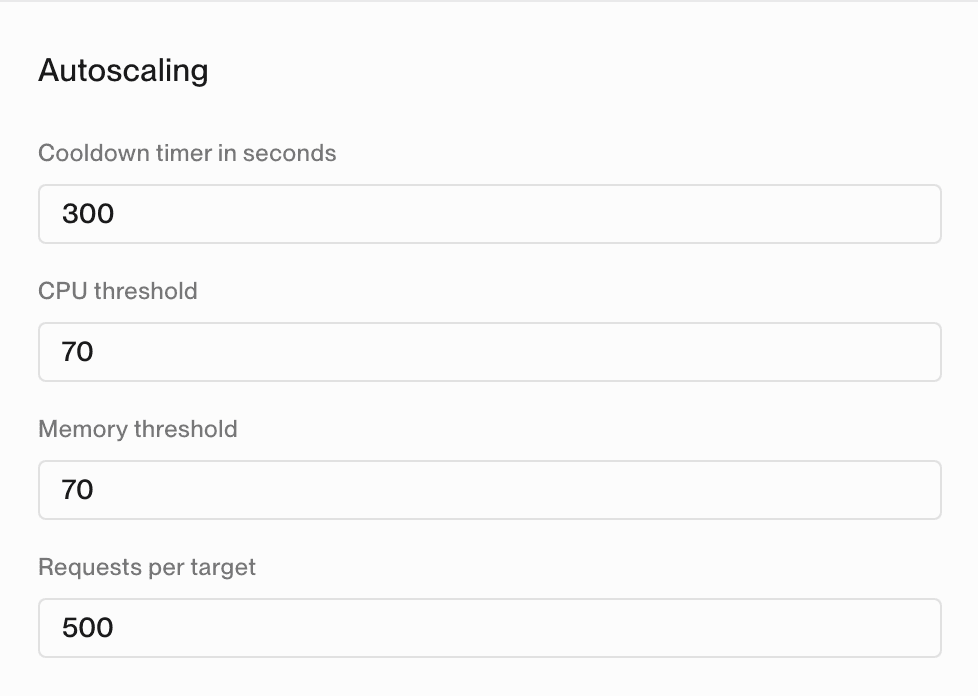 Showing the configuration options for autoscaling in the dashboard