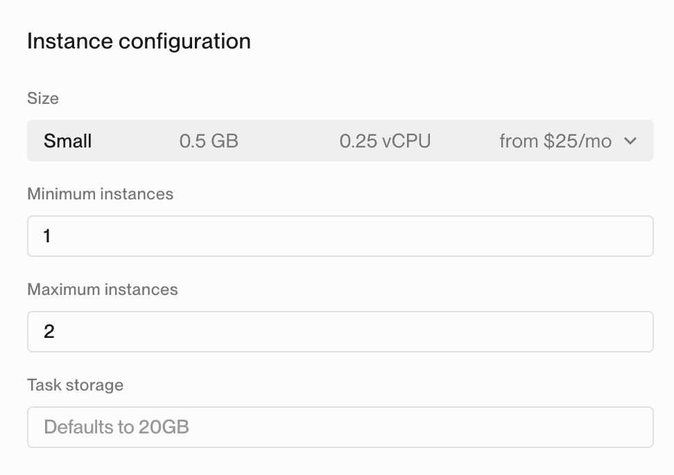 Showing the minimum and maximum instance configuration in the dashboard