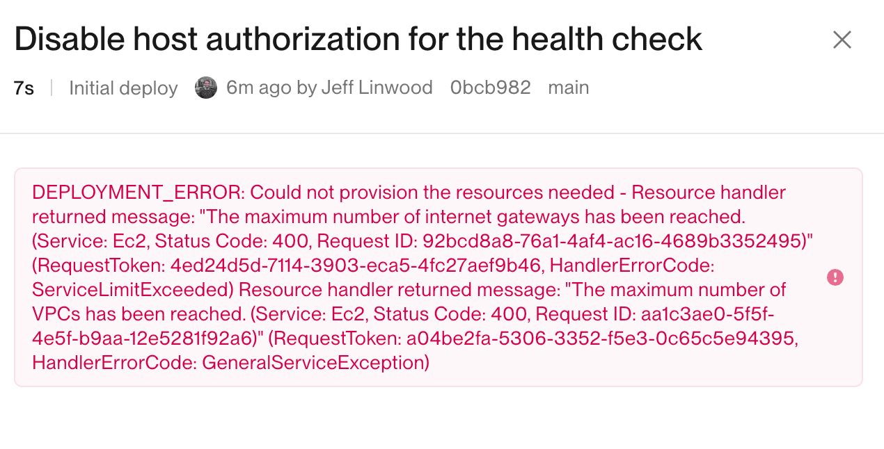 Showing the AWS too many VPCs deployment error in the Flightcontrol dashboard
