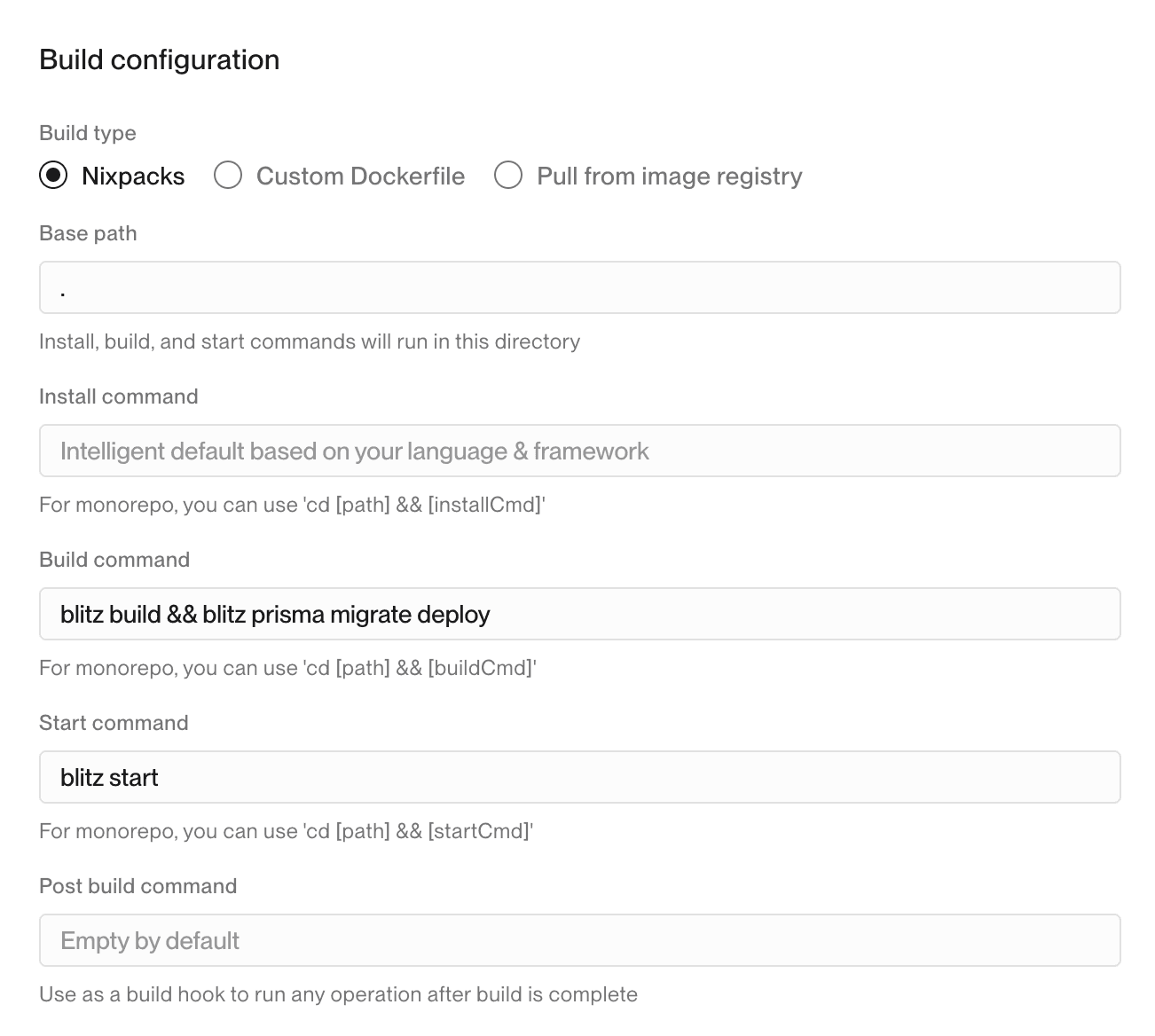 Nixpacks Build Type in the Dashboard