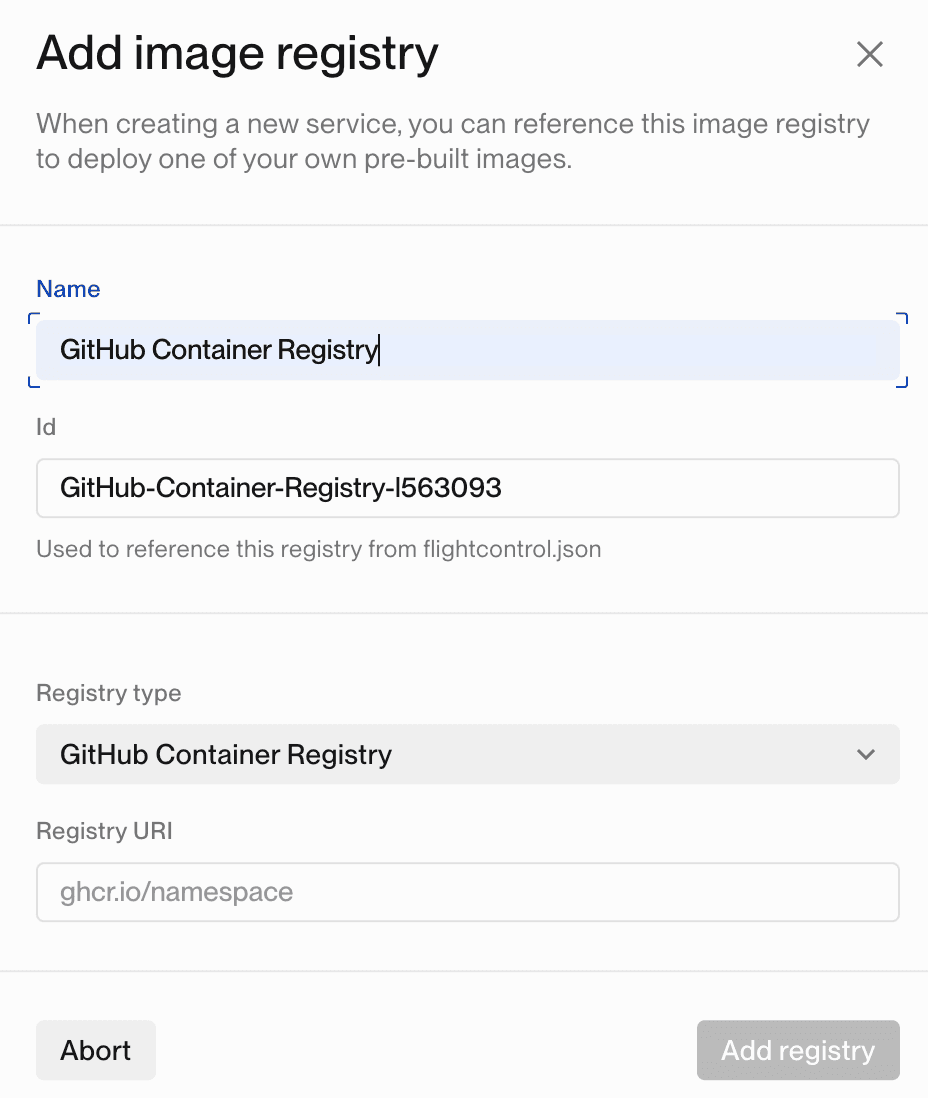 New Image Registry screen on Flightcontrol