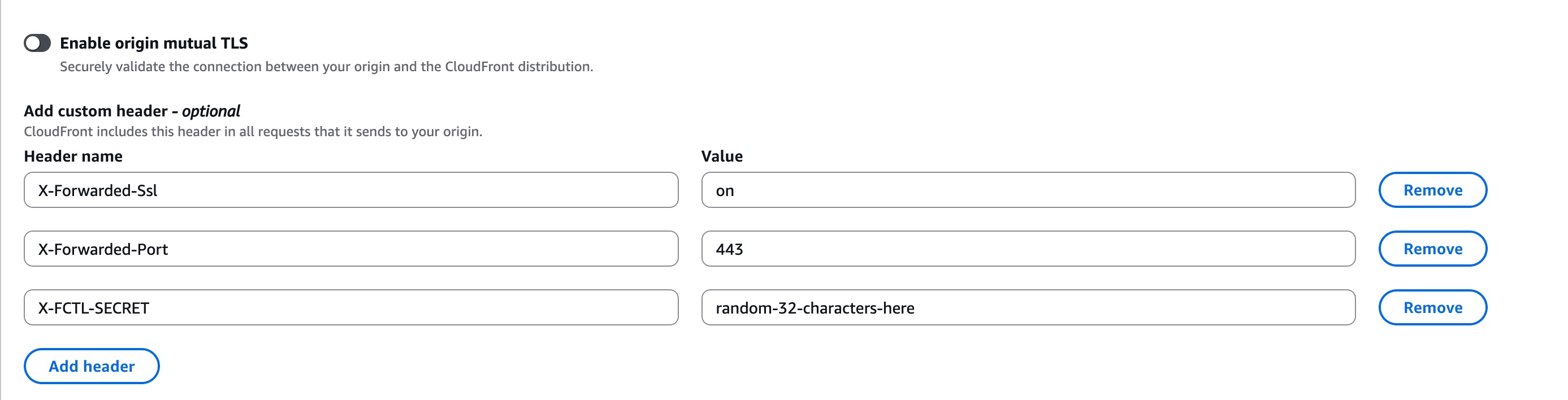 CloudFront origin custom header configuration