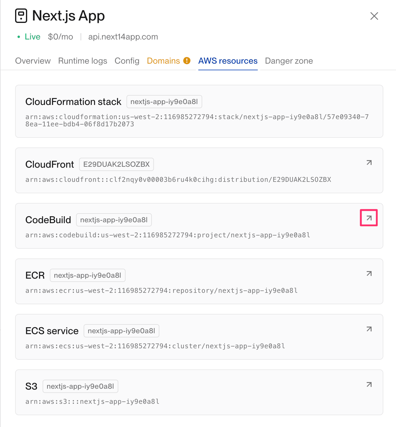 AWS CodeBuild resource in the dashboard