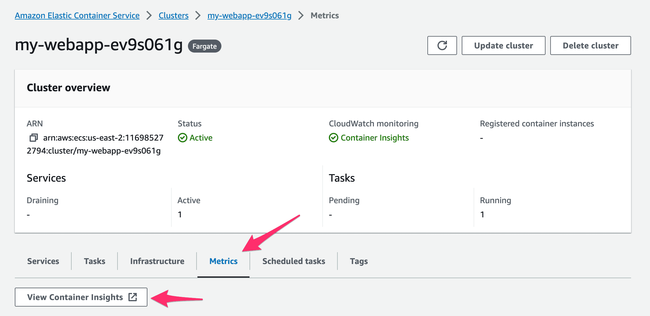 Location of the Container Insights Button in the AWS Console