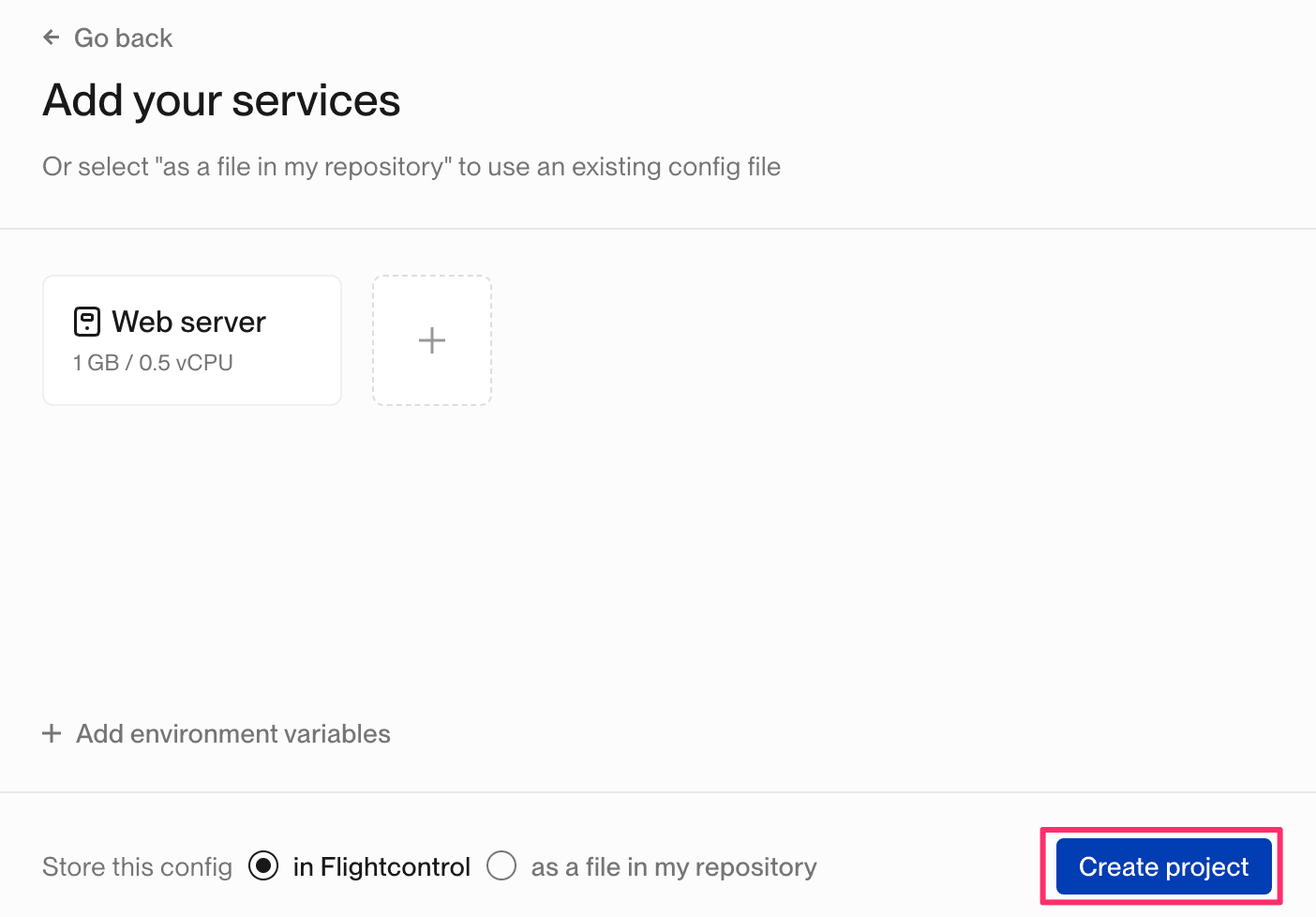 Add your services dialog with the Create Project button highlighted