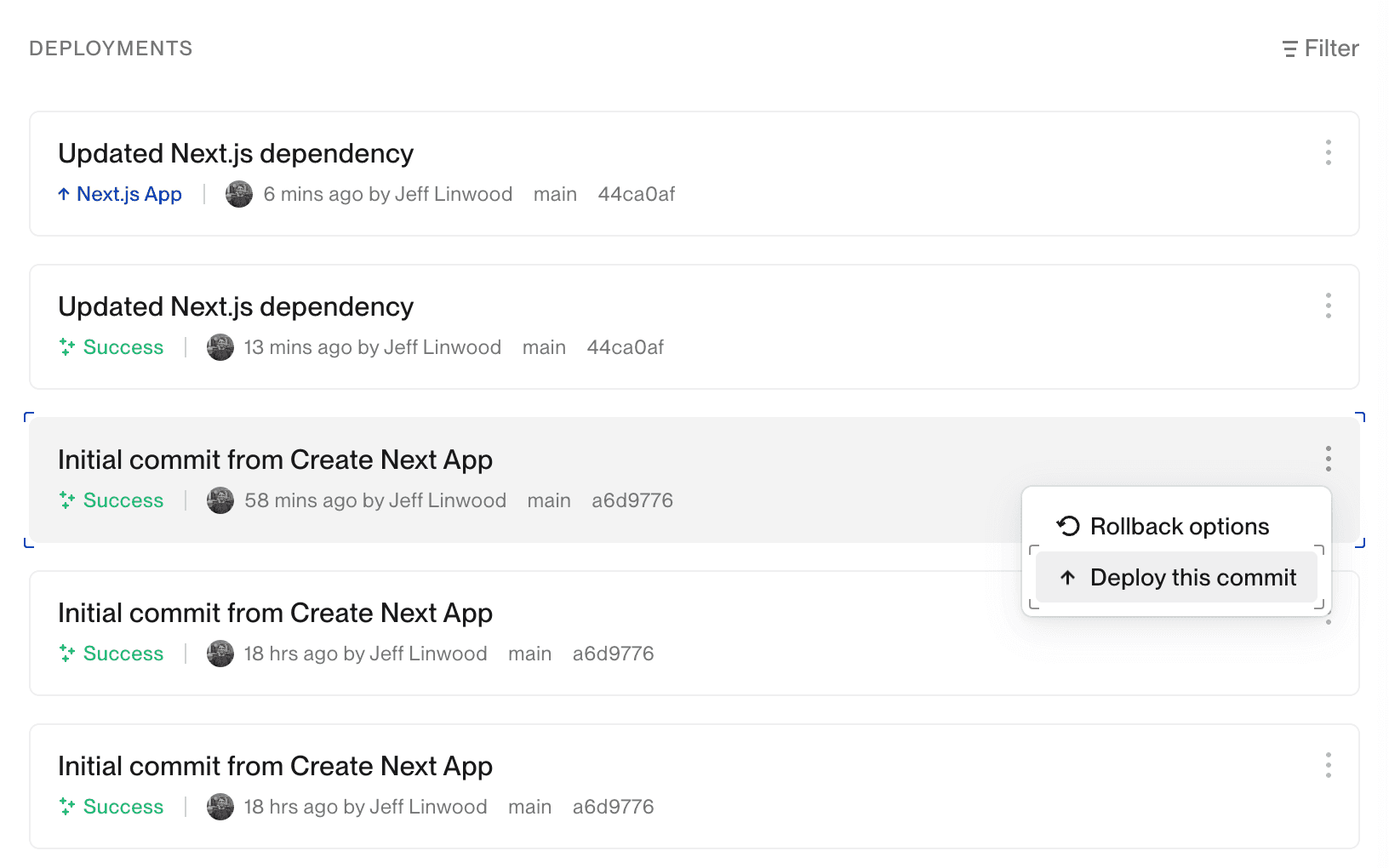 Deploy this commit menu item highlighted