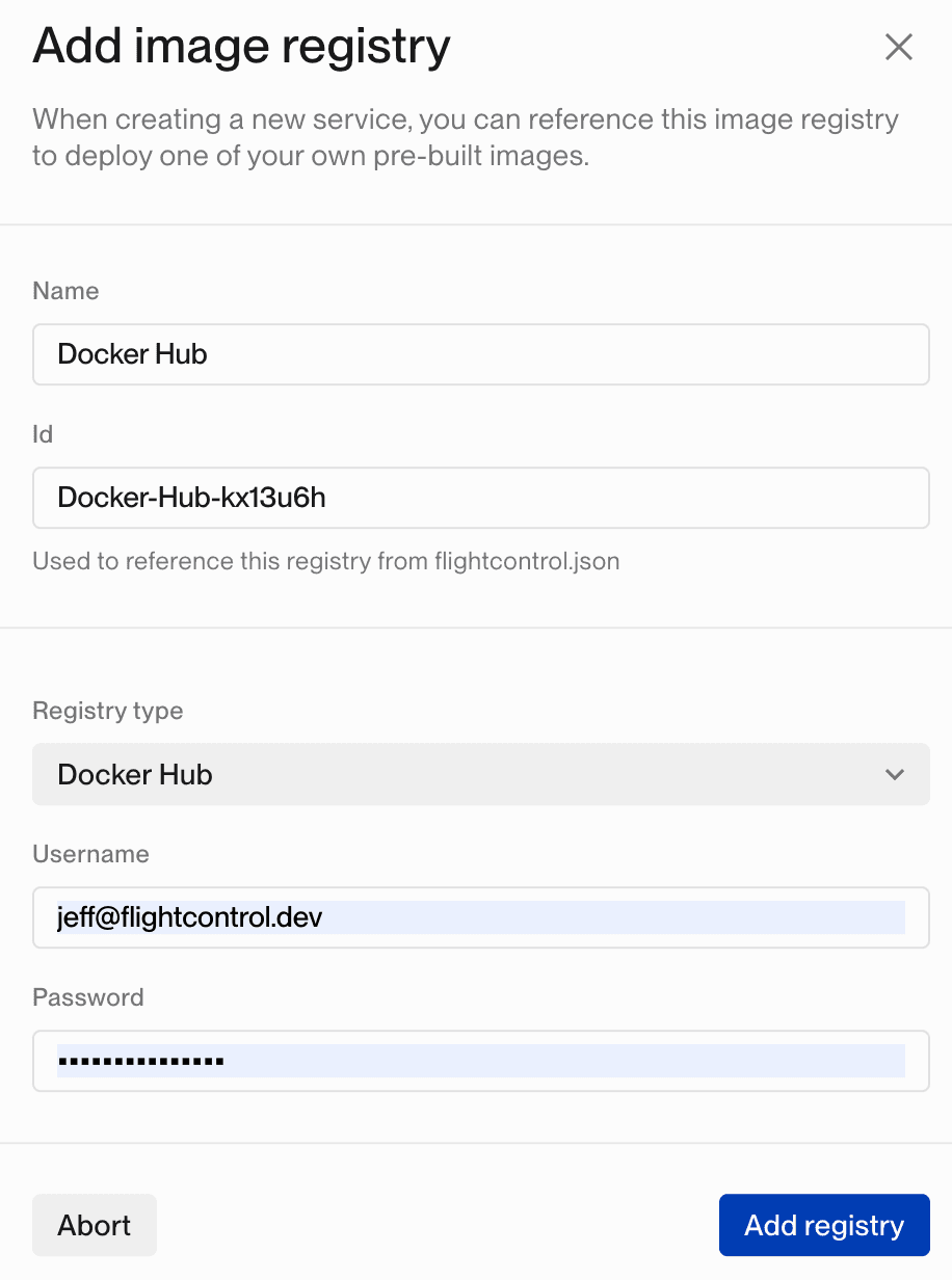 New Image Registry page on Flightcontrol filled in with Docker Hub information