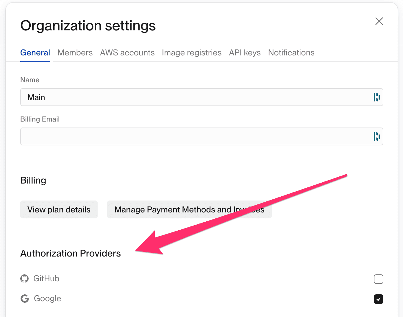 Organization settings in Flightcontrol settings page with the option to enable SSO with Google or Github