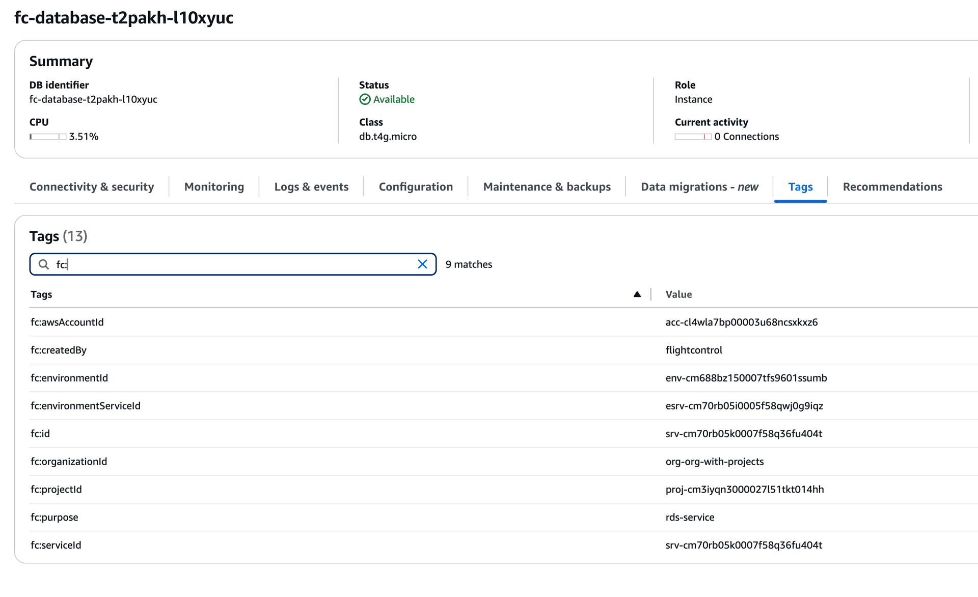 Example of resource tags for an RDS service