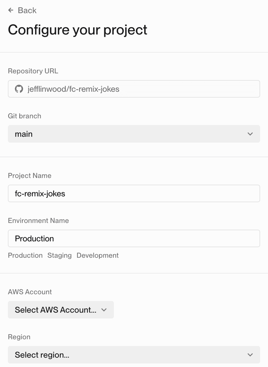 Configure a Project screen in Dashboard