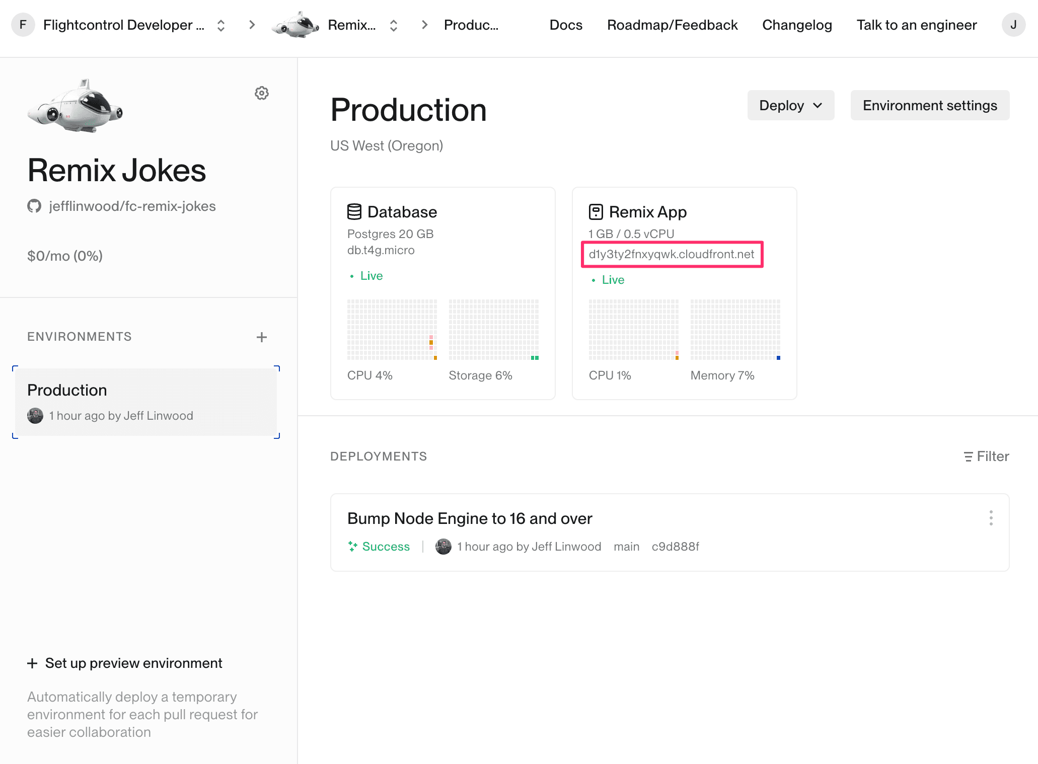 Project URL highlighted on the dashboard.