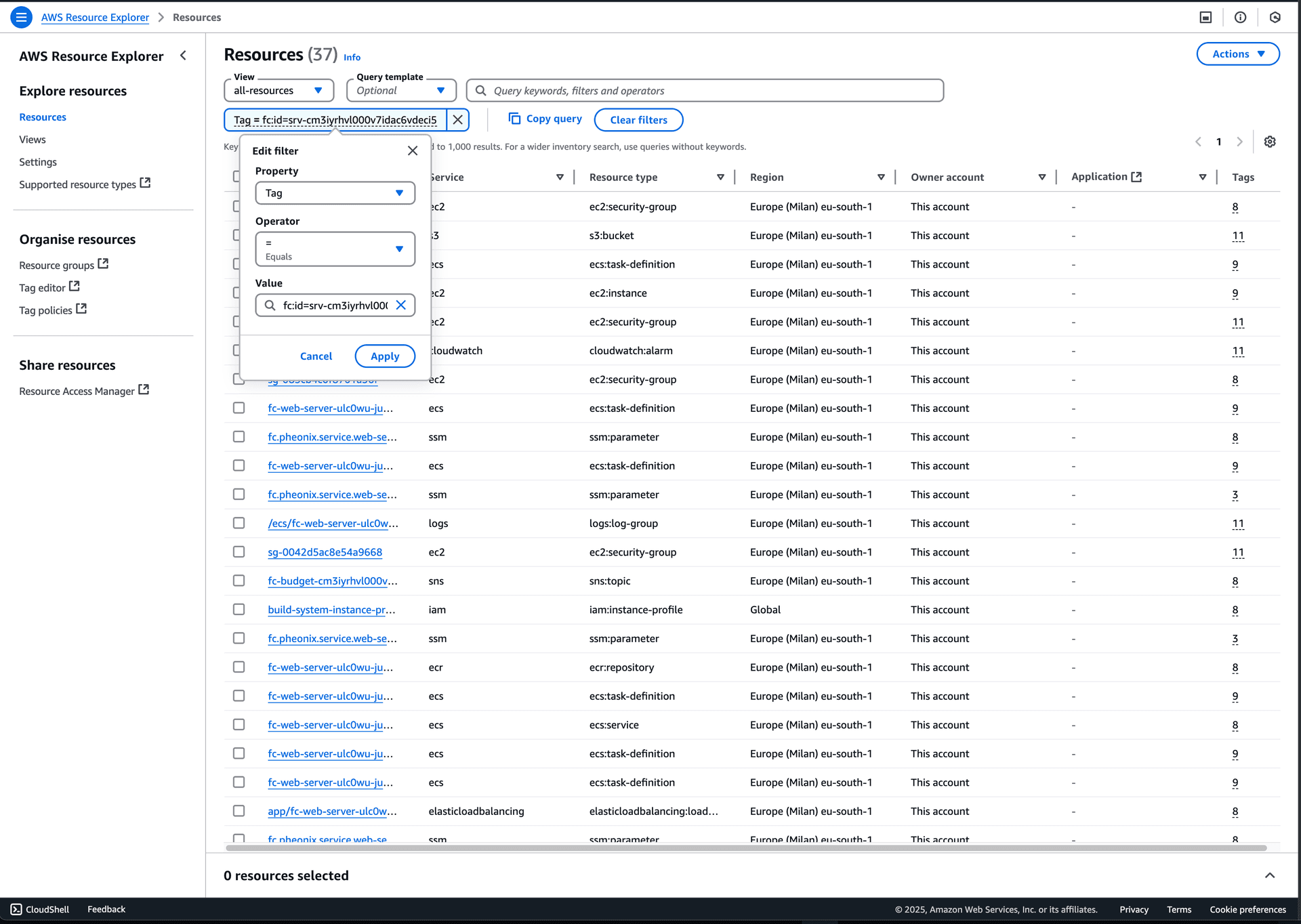 AWS Resource Explorer with flightcontrol tags