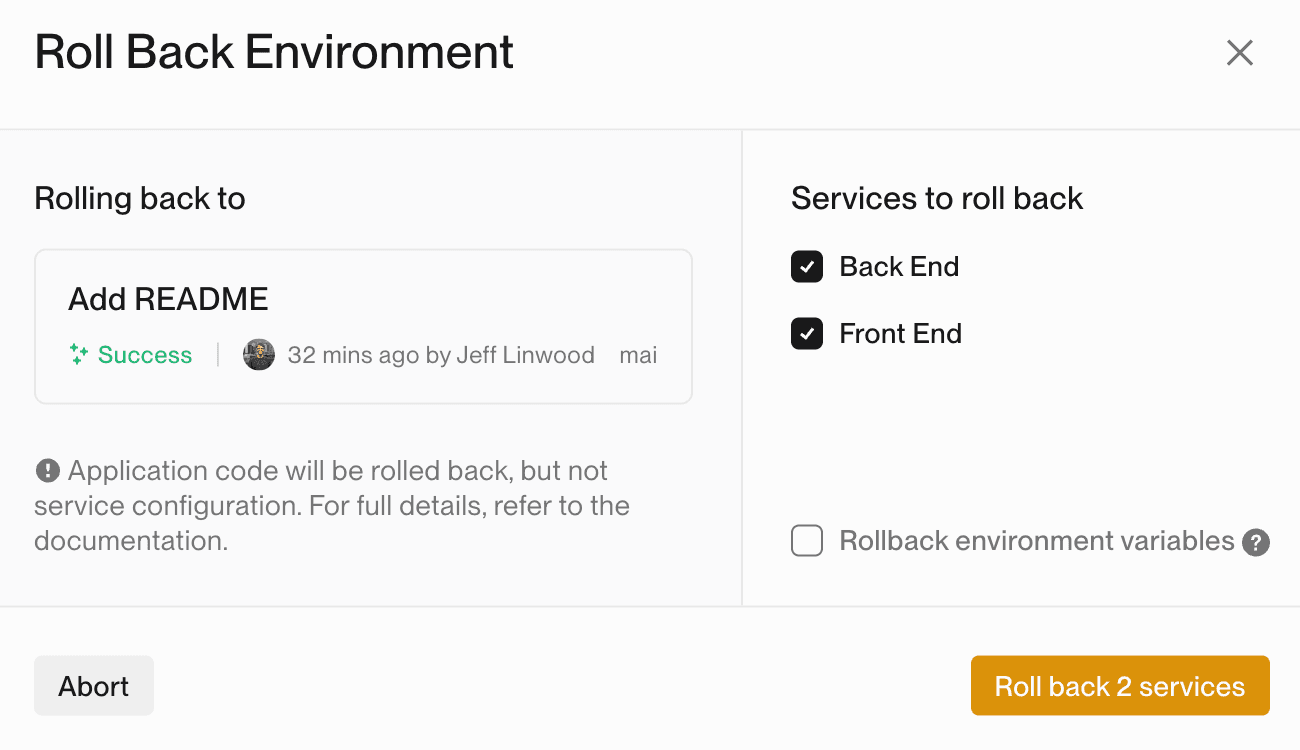 Confirmation Dialog displayed before a Rollback