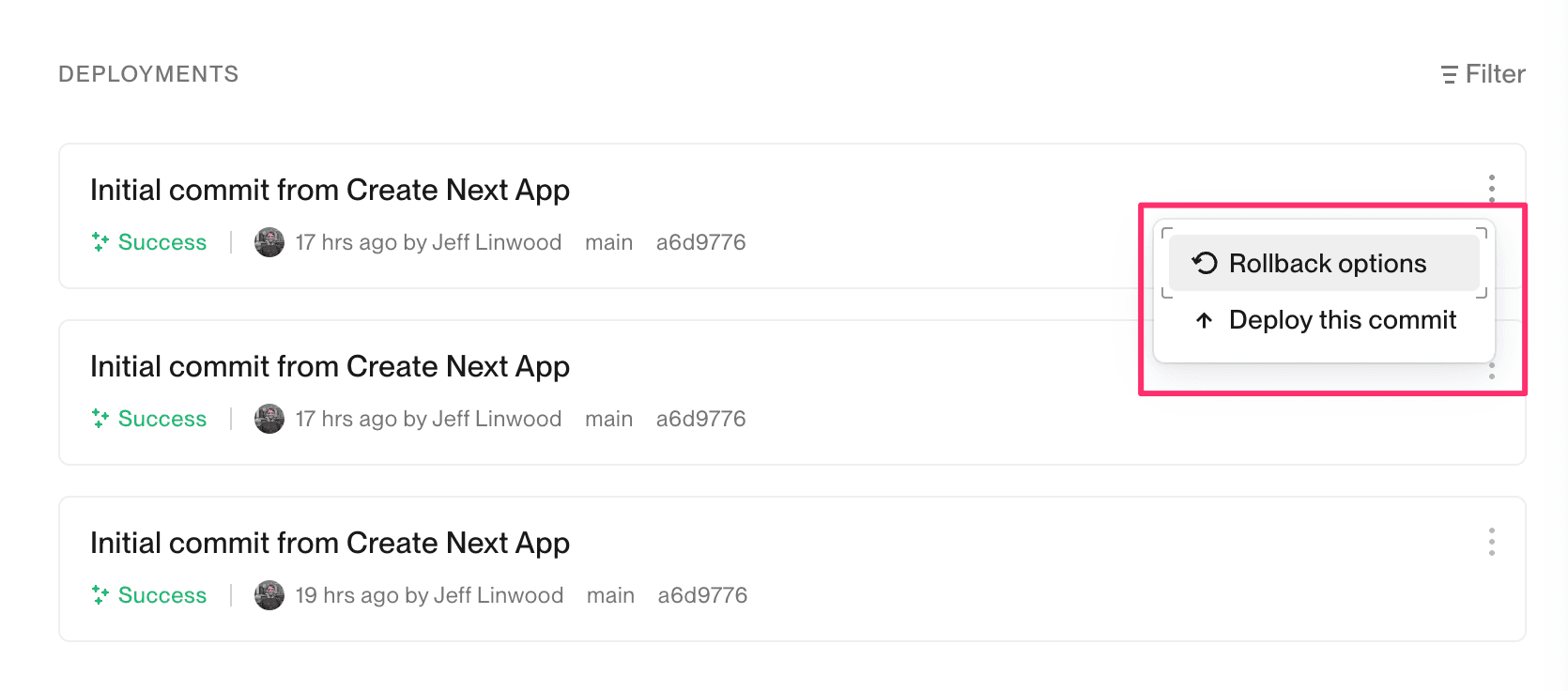 Rollback menu option on a Deployed Build