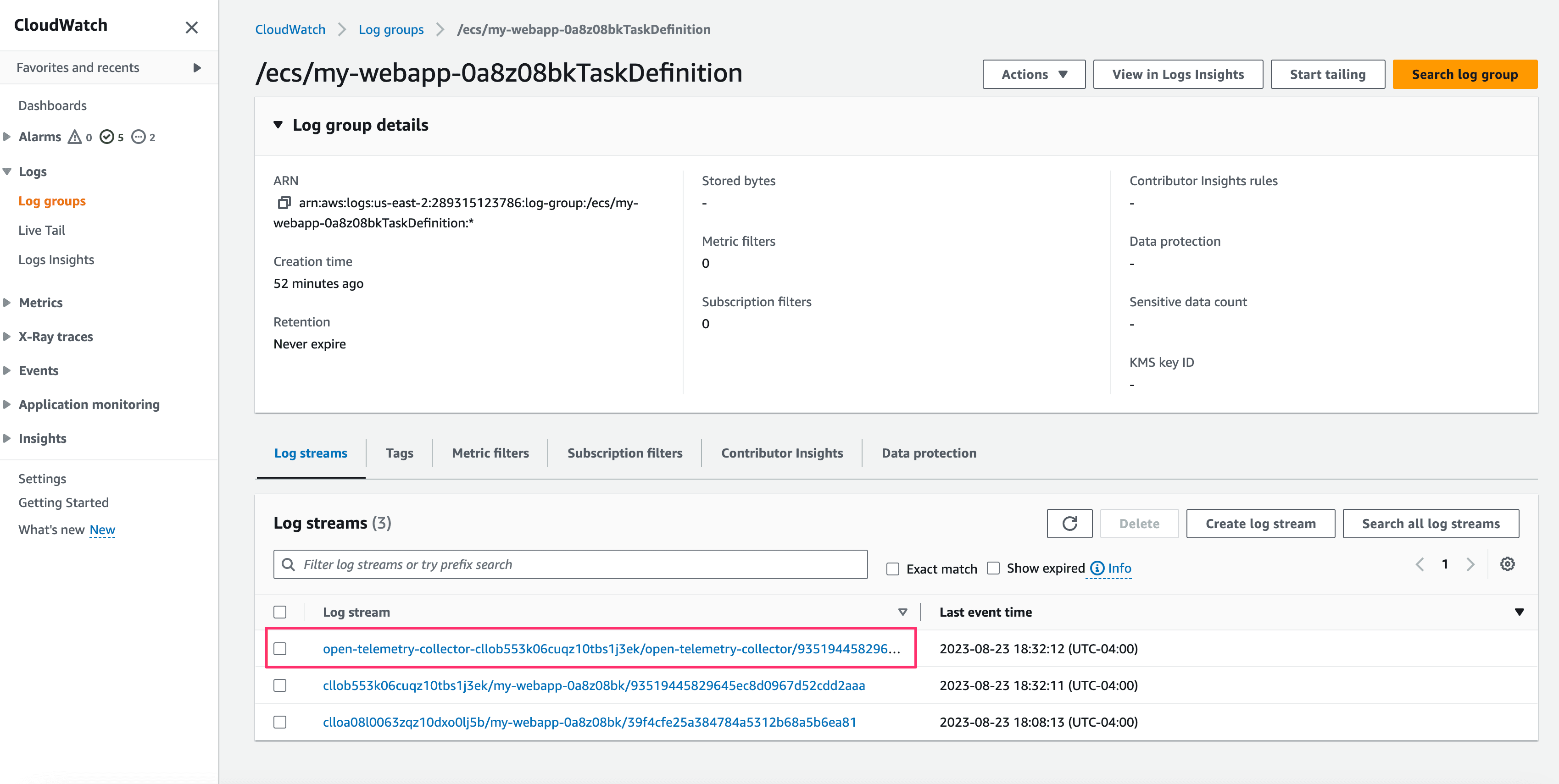 AWS Cloudwatch Logs with Open Telemetry Collector highlighted