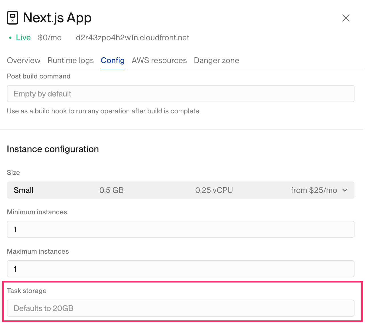 Instance configuration settings for a service in the Flightcontrol dashboard
