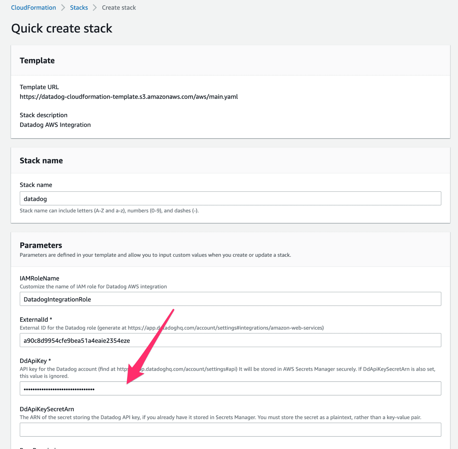 API Key Field on AWS CloudFormation Create Stack screen