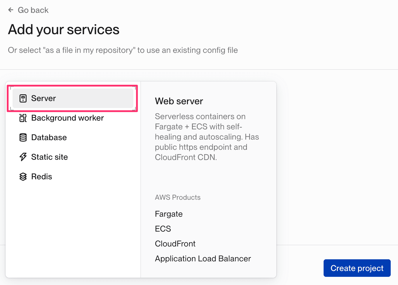 Add your services dialog box with Service highlighted