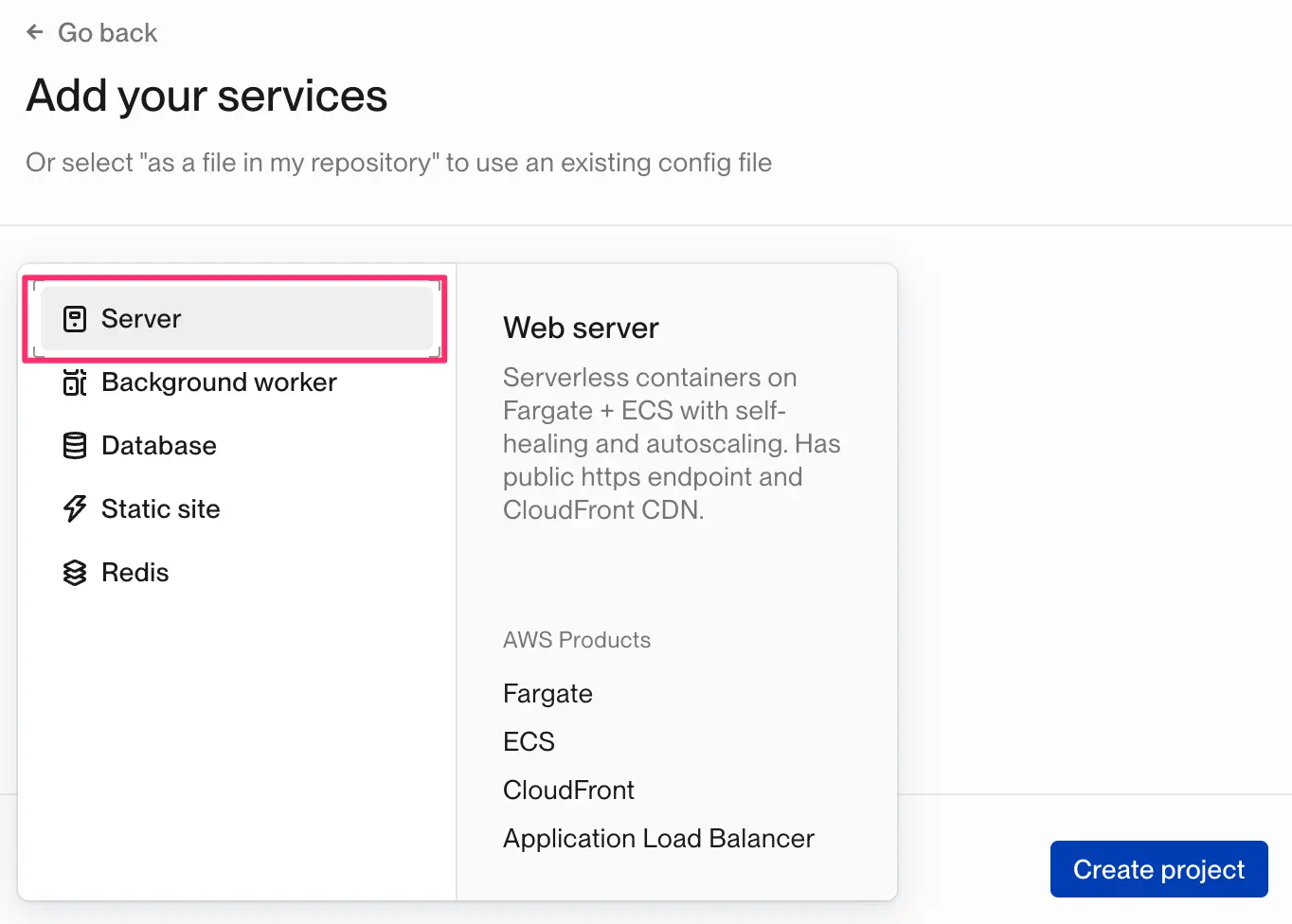 Add your services dialog box with Service highlighted