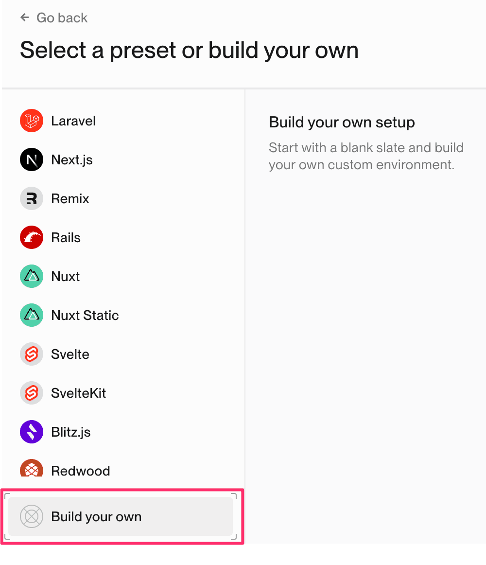 List of presets showing the Build your own option highlighted
