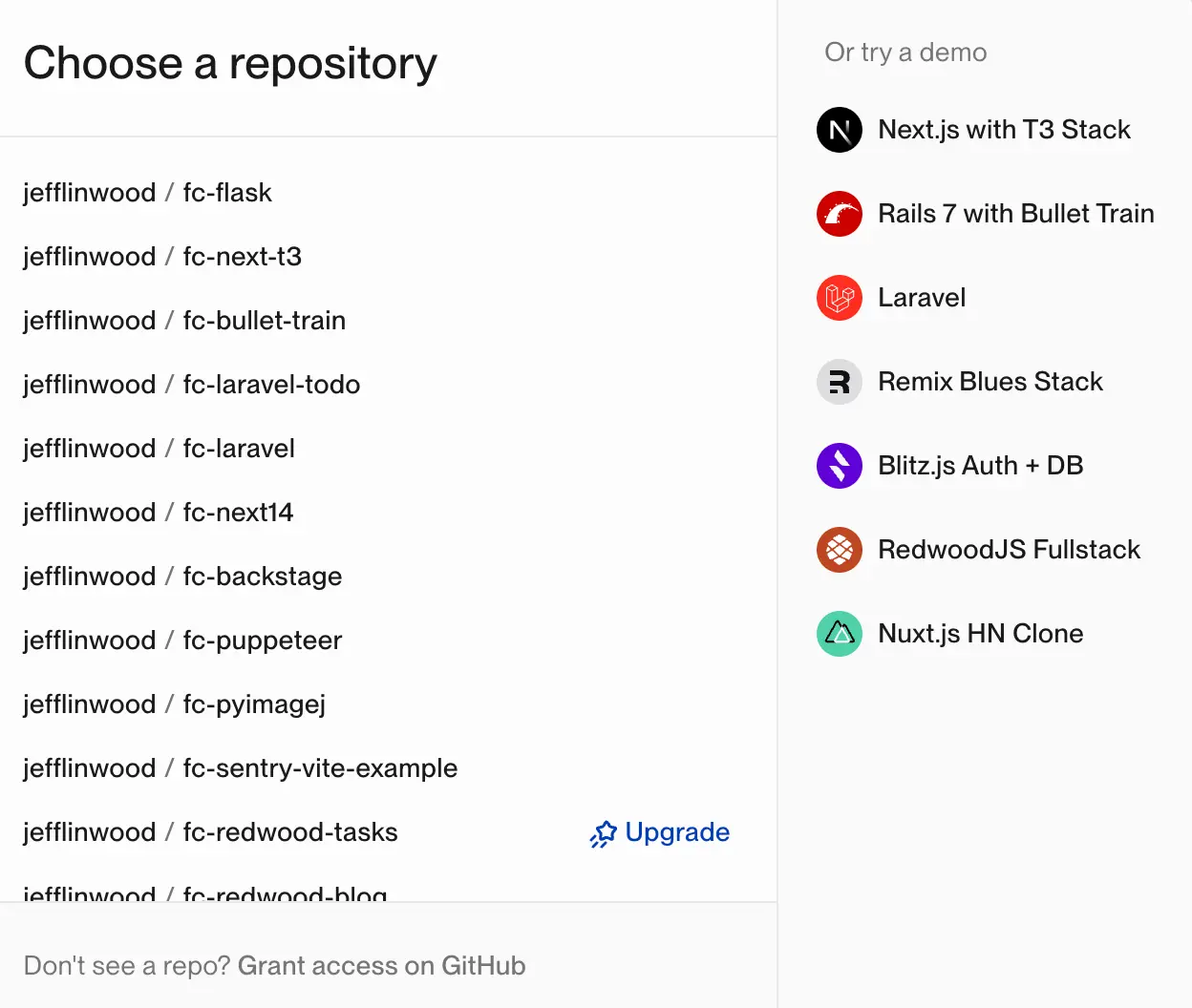 Choose a repository or a demo on the dashboard