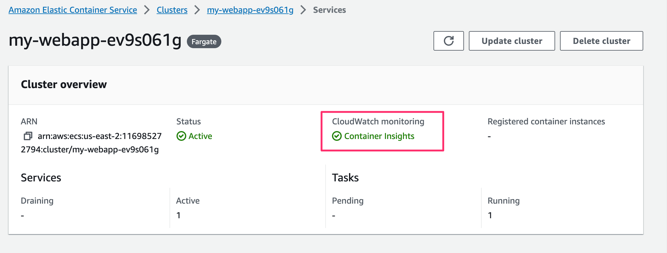 Verify that Container Insights is enabled in the AWS Console