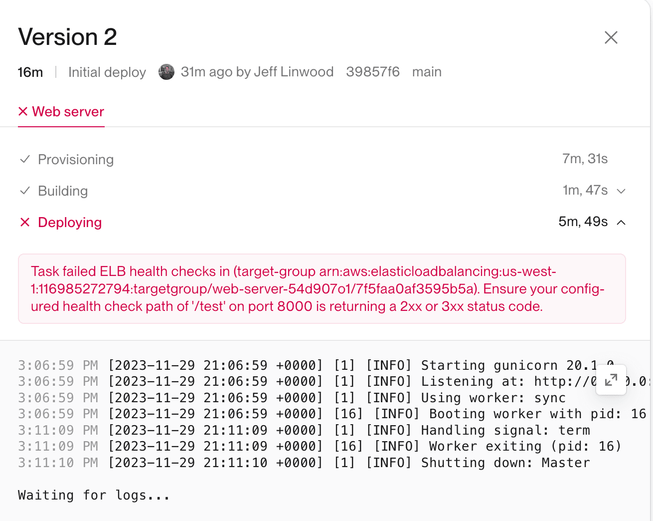 Deploy logs for a failed deployment