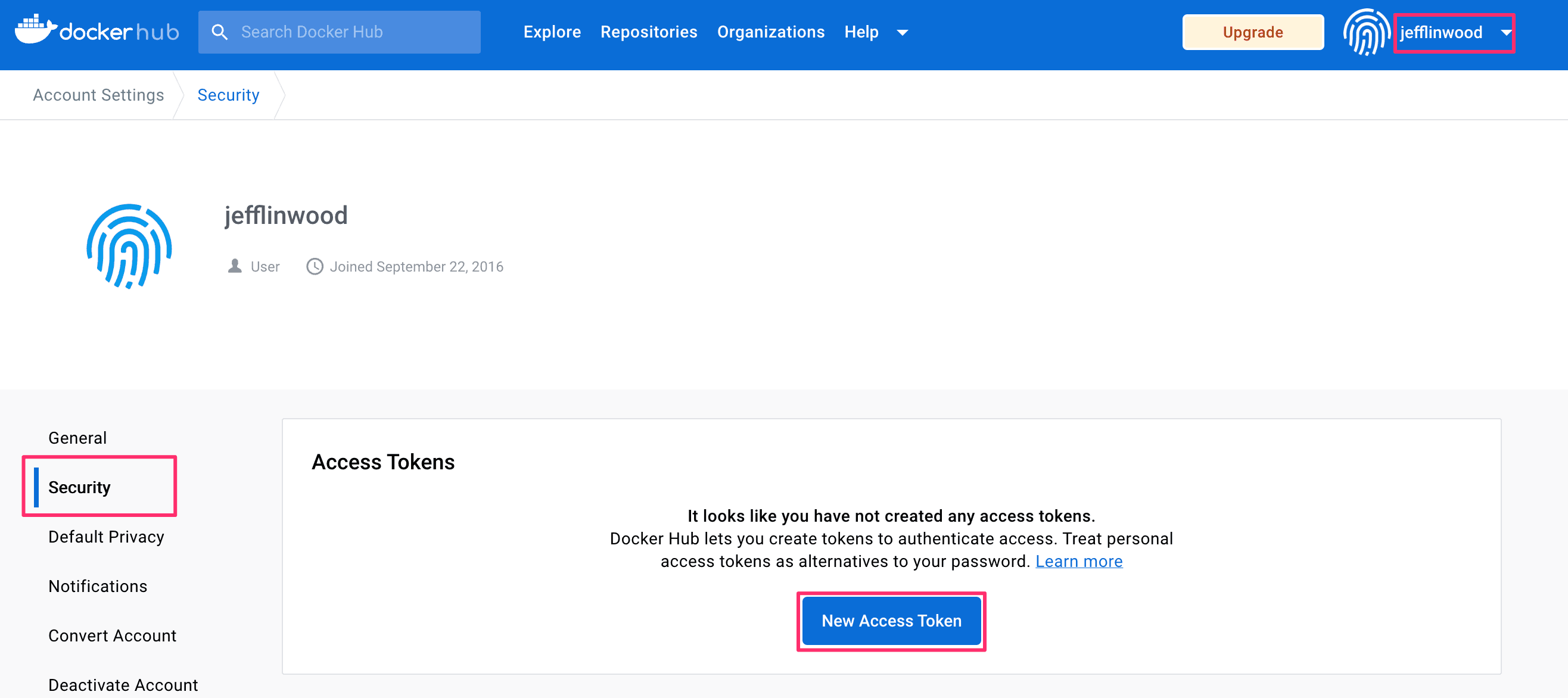 Security Tab on Docker Hub Account Settings