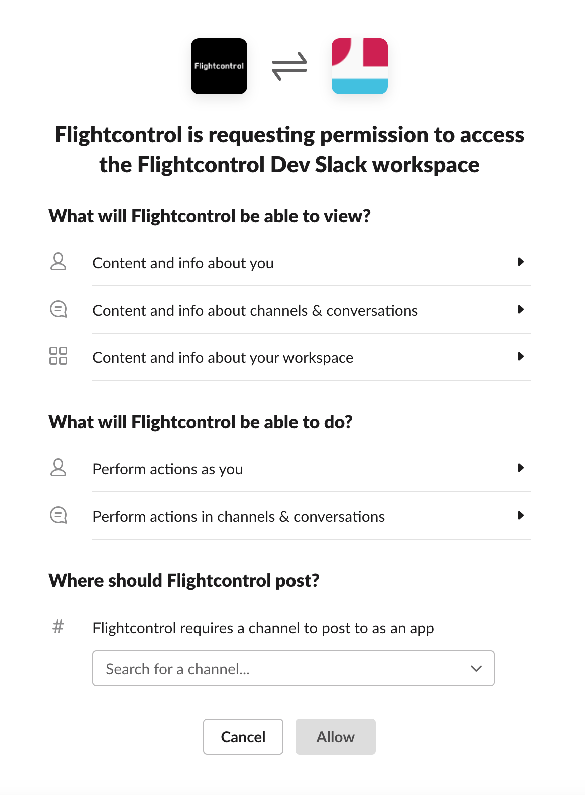 Requesting permission to add Flightcontrol Slack application