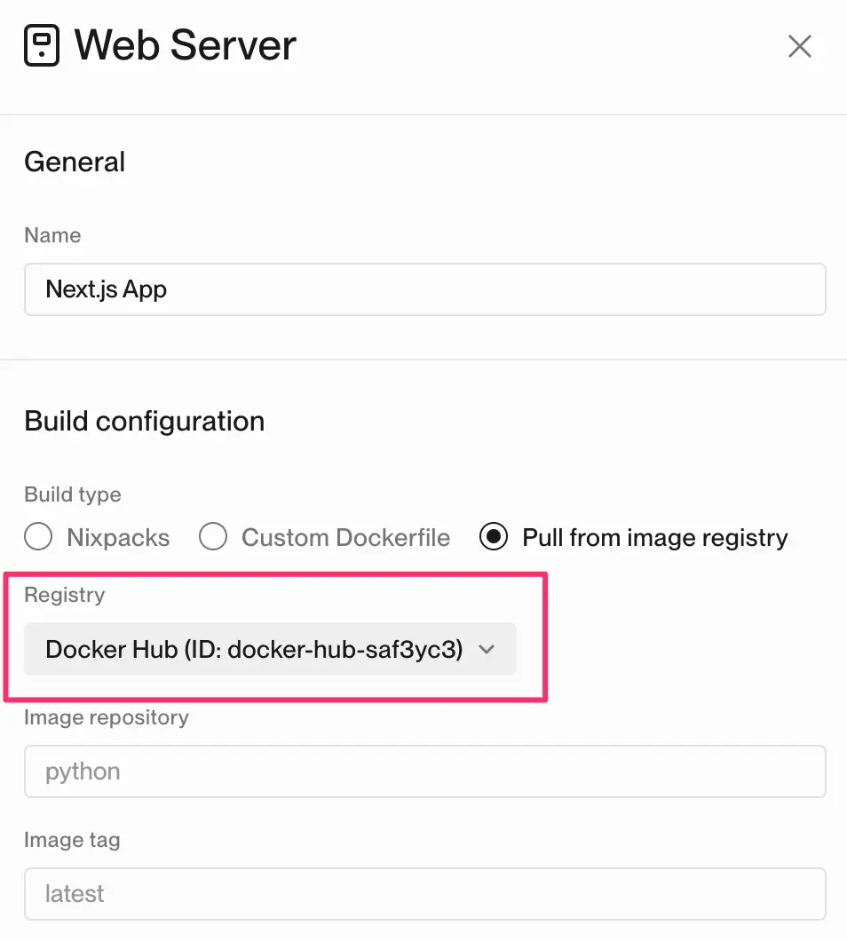 Dashboard configuration for building from an image registry