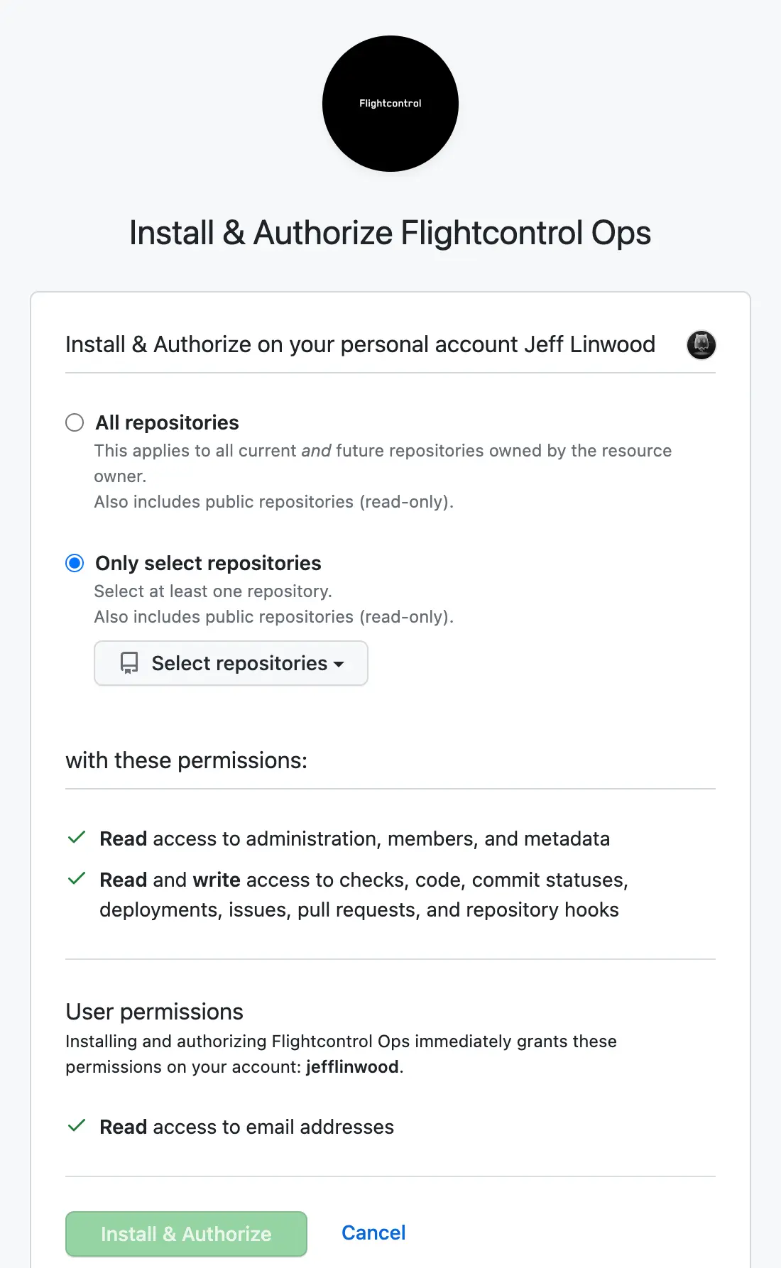 Installing Flightcontrol Ops app on GitHub account