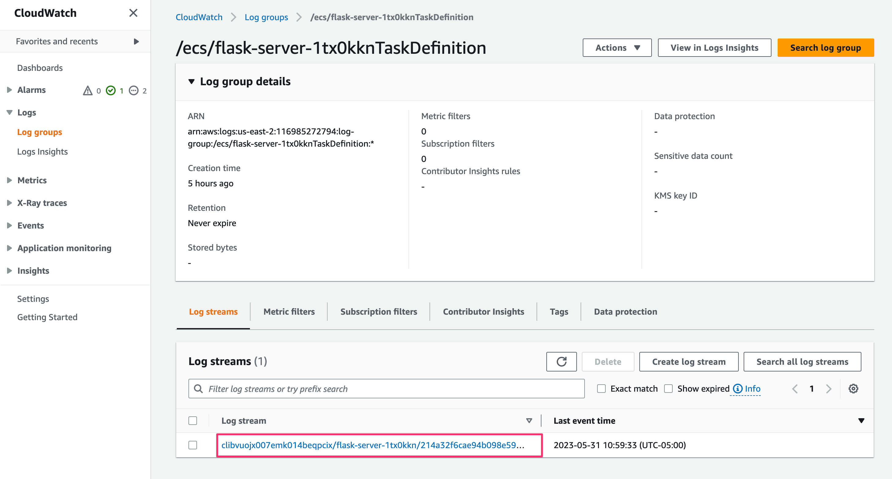 Showing the Log Streams in the AWS CloudWatch Console