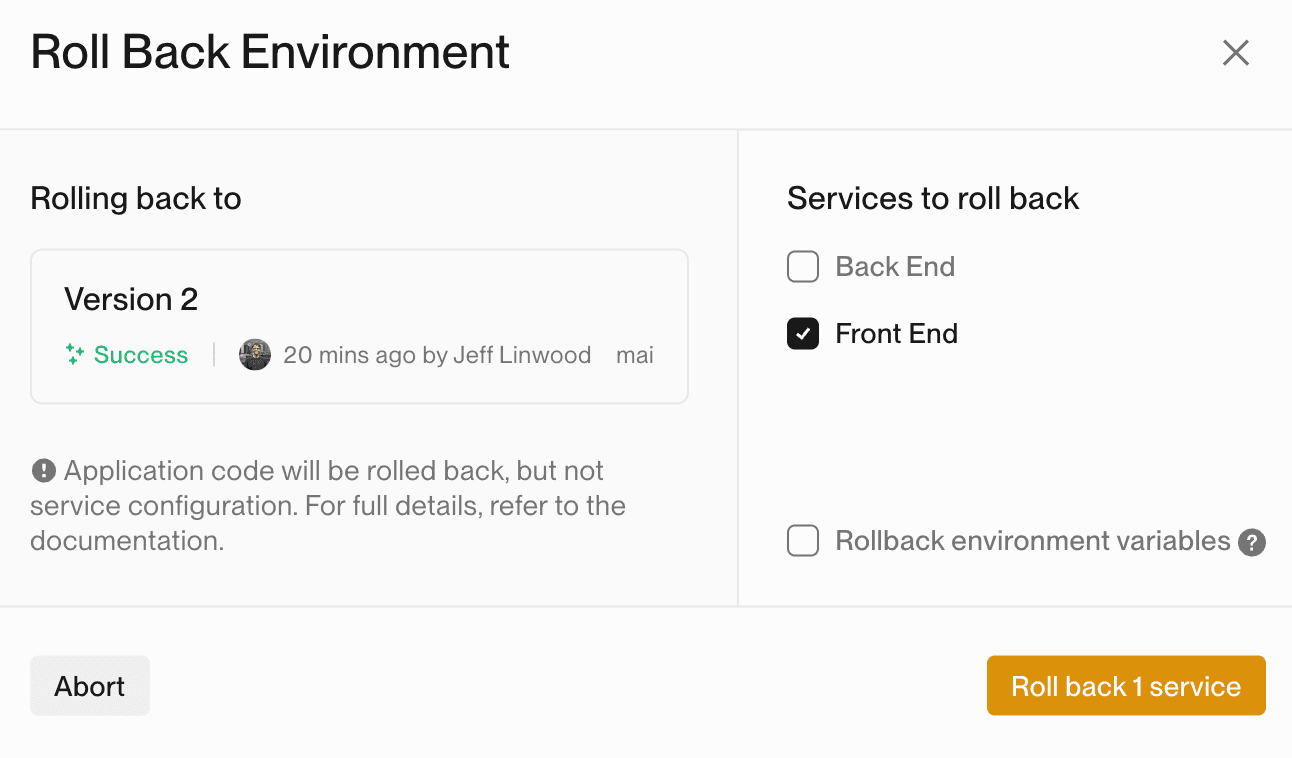 Rollback Confirmation Dialog with Front End Service Selected