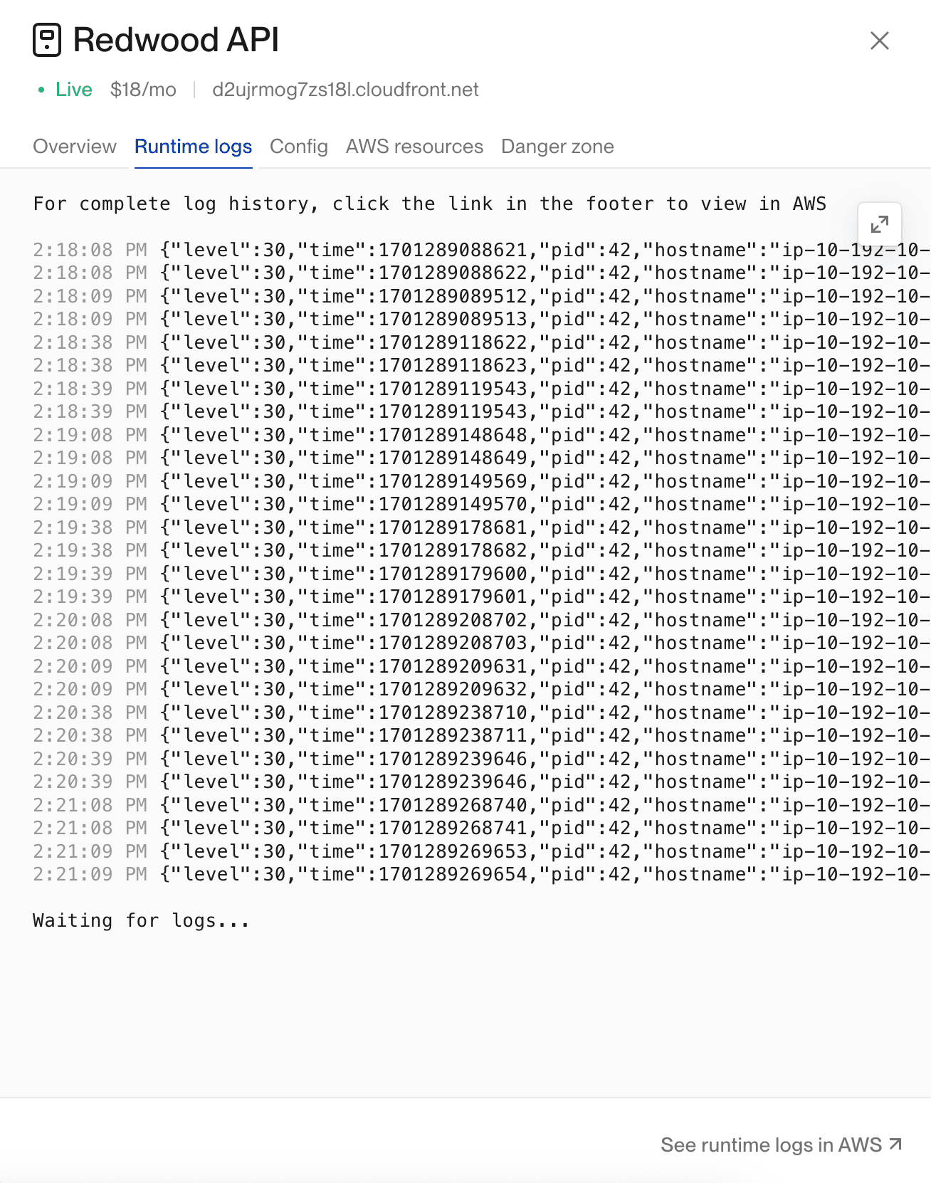 Runtime logs in the dashboard