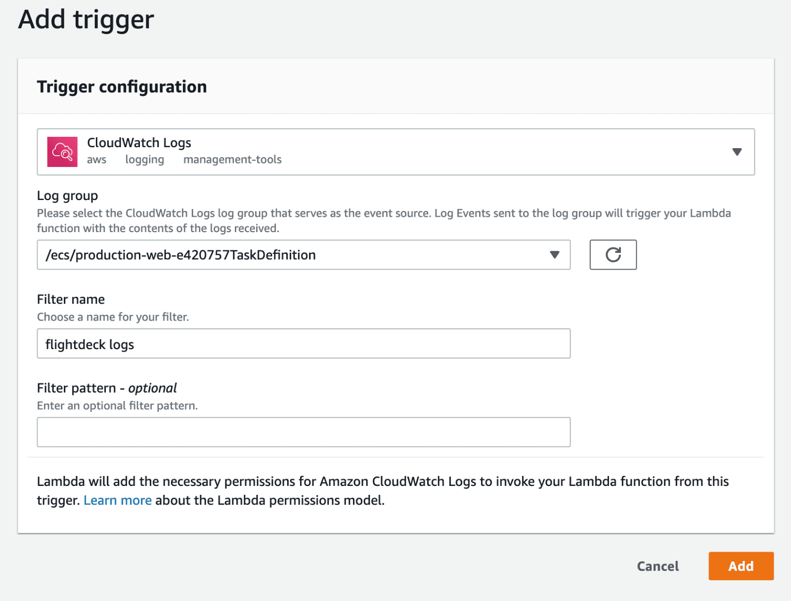 Adding trigger for CloudWatch Logs