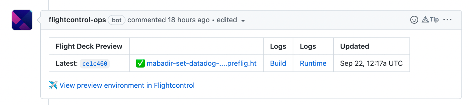 Github comment showing preview environment deployment status